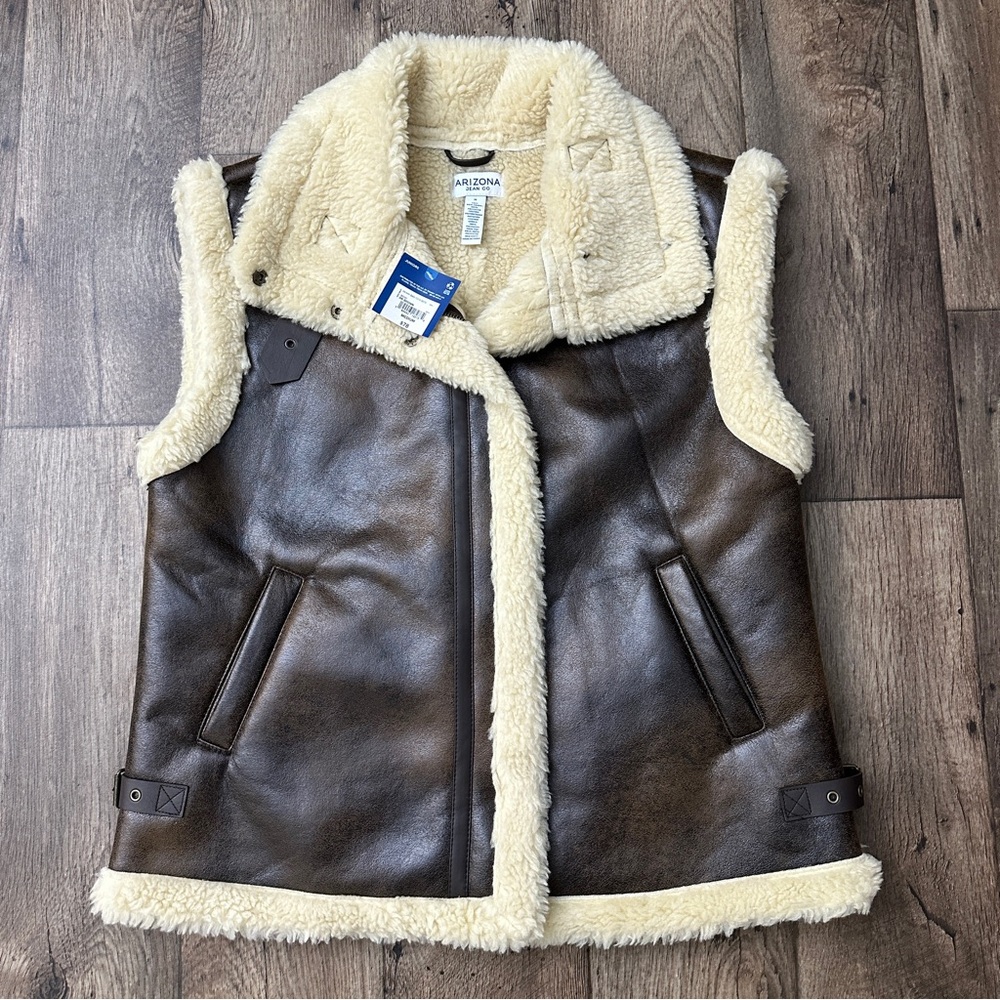 Arizona Jean Co Leather Imitation Soft Vest Faux Fur Women’s Size M Brown